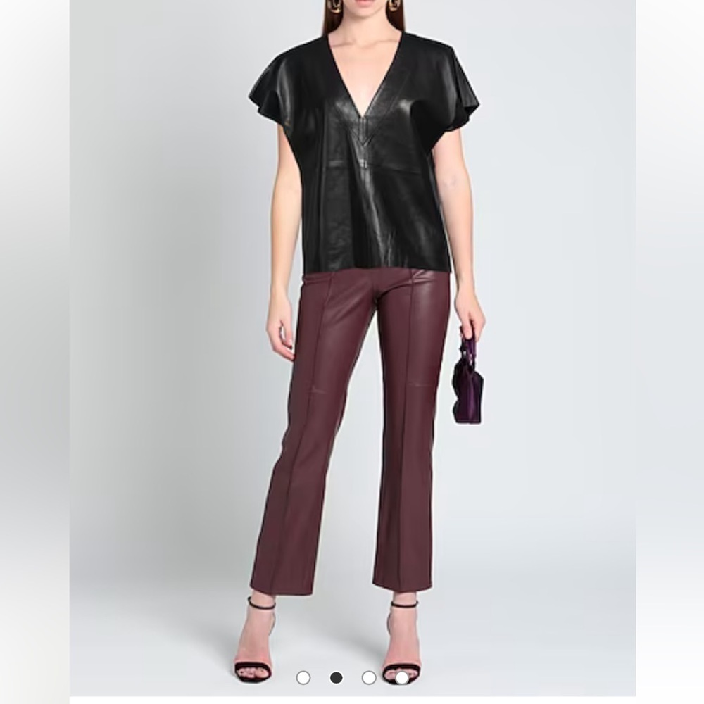 JS71 Faux Leather V-Neck Short Sleeve Top-Black-Size N/A